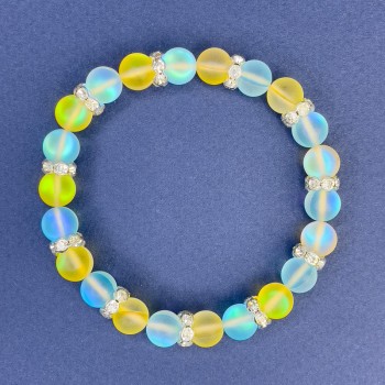 Náramek z opálového skla modro-žlutý, hladká kulička, průměr 8 mm, délka 18 cm, elastický