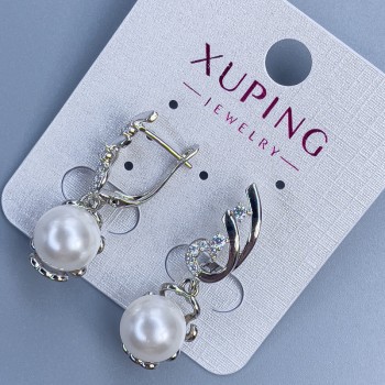 Сережки Xuping родій з перлиною, діаметр 10мм та білими стразами, довжина 30мм +