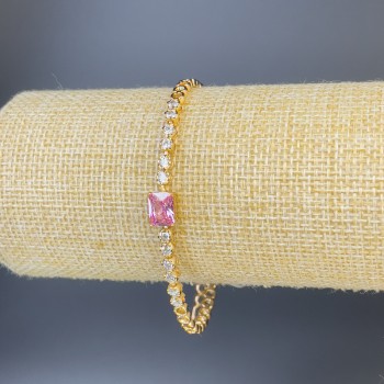 Náramek Xuping s bílými štrasami a růžovým kamenem, tloušťka 3 mm, délka 19 cm, pozlacení
