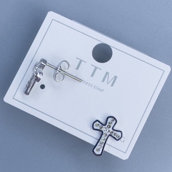 Náušnice peckové Xuping kříž se bílými štrasovými kamínky 12×9 mm rhodiované