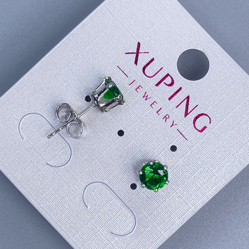 Náušnice peckové Xuping se zeleným kamenem, osazení «Koruna», 6 mm, rhodiované