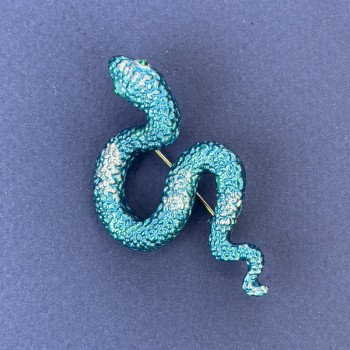 Brož-kulon Had s modrým smaltem a modrými štrasami, stříbrný kov, 30×55 mm +