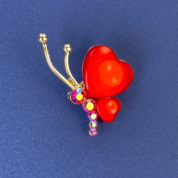 Brož Motýl, průměr 34×21 mm, ± červené kočičí oko, štrasové kamínky, zlatý kov