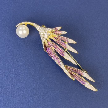 Brožka Větvička s perlou a bílými štrasami, zlatavý kov, 74×24 mm+