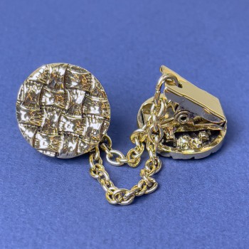 Brož pro kardigany ze zlatého kovu, průměr ozdoby cca 20 mm, řetízek délky cca 9 cm
