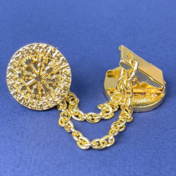 Brož na kardigány zlatistého kovu, průměr 20 mm ±, řetízek, délka 9 cm ±