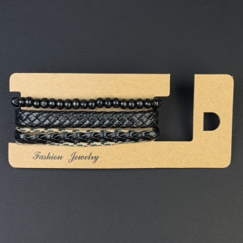 Браслет потрійний еко шкіра на затягуванні, довжина 18-24см+- Намистини 6мм+-, довжина 18 стрейч