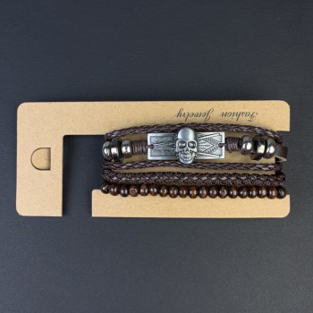 Браслет потрійний еко шкіра вставка Череп на затягуванні, довжина 18-24см коричневий
