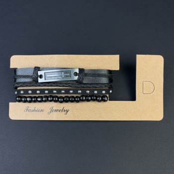 Браслет потрійний еко шкіра вставка Хрест на затягуванні, довжина 18-24см чорний