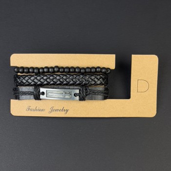 Браслет потрійний еко шкіра вставка Хрест на затягуванні, довжина 18-24см чорний