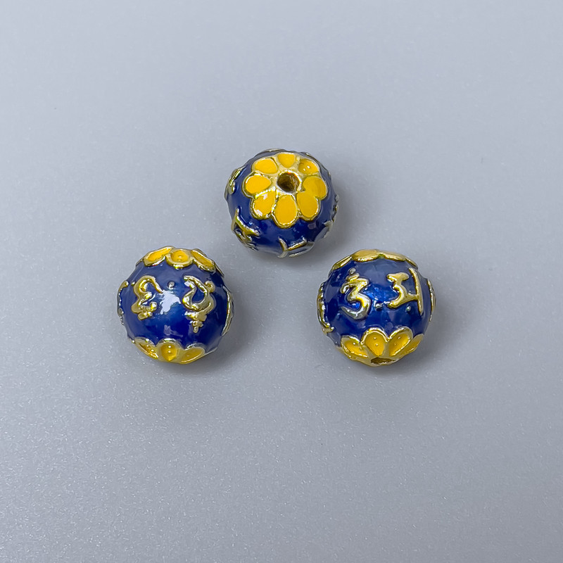 Korálka cloisonné modro-žlutá smaltovaná, průměr 10 mm, otvor 1,5 mm, zlatý odstín kovu, 1 ks