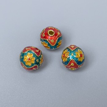 Korálka Cloisonné, tyrkysová, červená a žlutá smalt, průměr 10 mm ±, otvor 2 mm, zlatý odstín kovu, 1 ks
