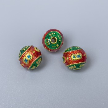 Korálka Cloisonné s červeným a zeleným smaltem, průměr 10 mm ±, dírka 2 mm, zlatavý kov, 1 ks