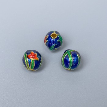 Korálka Cloisonné smaltovaná – modrá, červená a zelená, průměr 9×9,5 mm, dírka 2,1 mm, zlatá barva kovu, 1 ks