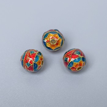 Cloisonné korálek tyrkysově červený smalt, průměr 10 mm, otvor 1,5 mm, zlatý odstín kovu, 1 ks