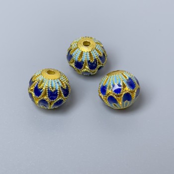 Korálka Cloisonné, světlomodrý smalt, průměr 10×9,5 mm, otvor 2 mm, zlatý odstín kovu, 1 ks