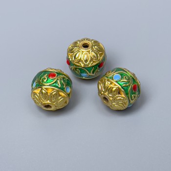 Korálka Cloisonné – zelená, červená a modrá, emailová glazura, průměr 11 mm, otvor 1,8 mm, zlatý kov, 1 ks