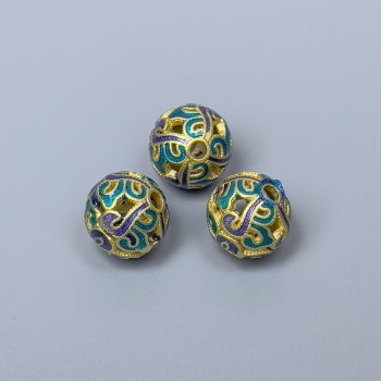 Korálka Cloisonné – modrotyrkysová smaltovaná, průměr 10 mm, otvor 2 mm, matové zlaté barvy kovu, 1 ks