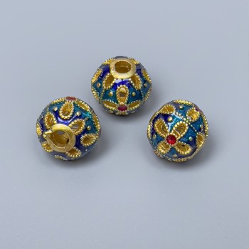 Korálka Cloisonné Pandora, modrotyrkysová s červeným smaltem, průměr 11 mm ±, díra 3 mm, zlatý odstín kovu, 1 ks