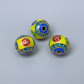 Korálka Cloisonné žlutá, modrá, zelená a červená, smaltovaná, průměr 10×9 mm, otvor 2 mm, zlatistý odstín kovu, 1 ks