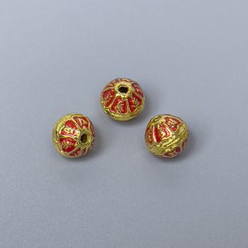 Korálka Cloisonné s červeným smaltem, průměr cca 7×6 mm, dírka 1 mm, zlatá barva kovu, 1 ks