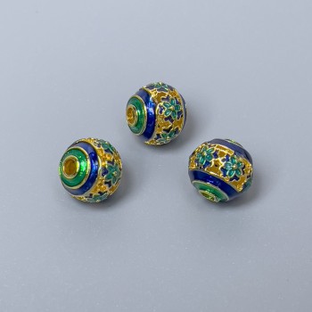 Korálka Cloisonné modro-zelená smalt, průměr 8 mm, dírka 1,5 mm, zlatý odstín kovu, 1 ks