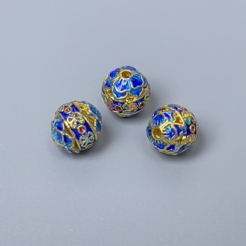 Korálka Cloisonné se modrým smaltem, průměr 8 mm, otvor 1,5 mm, zlatavý odstín kovu, 1 ks
