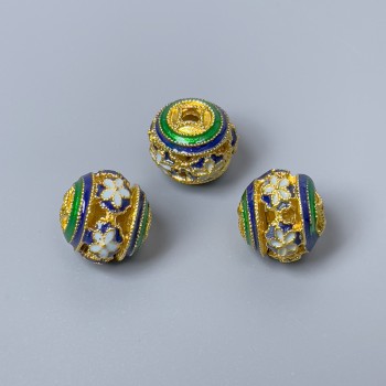 Korálka Cloisonné se smaltem, zelená, modrá a bílá, průměr 10 mm, otvor 1,8 mm, zlatý kov, 1 ks