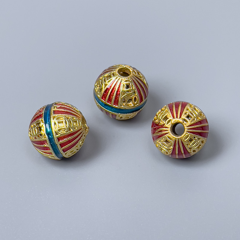Kloisoné korálek červeno-tyrkysový smalt, průměr 10 mm, dírka cca 2 mm, zlatistý odstín kovu, 1 ks