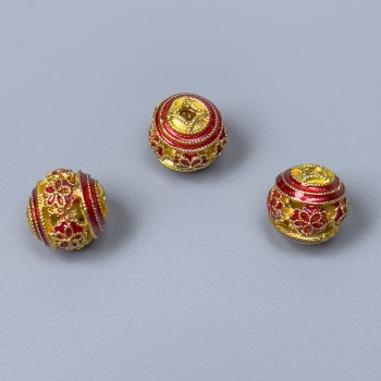 Kloisonovaná korálka s červeným smaltem, průměr 10 mm, otvor 1,8 mm, zlatistý odstín kovu, 1 ks