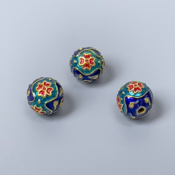 Korálek Cloisonné modrý, tyrysový a červený smalt, průměr 10 mm, dírka 2 mm, zlatý kov, 1 ks