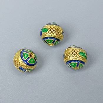 Korálek Cloisonné modro-zelený smalt, průměr 10 mm, díra 2 mm, zlatá barva kovu, 1 ks