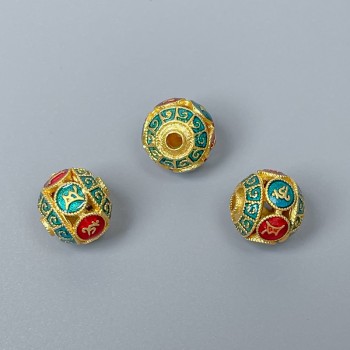 Korálka Cloisonné tyrysově červená smalt, průměr 10 mm, dírka 1,8 mm, světle zlatá barva kovu, 1 ks