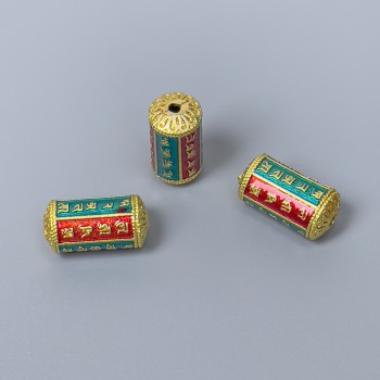 Korálka cloisonné cylindrická zeleno-červená se smaltem, průměr 7×14 mm, otvor cca 1,5 mm, zlatý kov, 1 ks