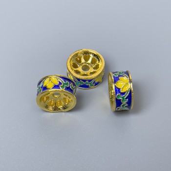 Korálka Cloisonné rondel modro-žluto-zelená smaltovaná, průměr 10 × 5 mm, dírka 2 mm, zlatý odstín kovu, 1 ks