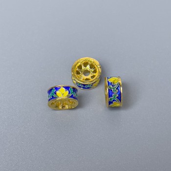 Korálka Cloisonné Rondelle modro-žluto-zelená smaltovaná, průměr 8×4 mm, dírka cca 1,8 mm, zlatistý kov, 1 ks