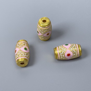 Kloisonový barilový korálek, růžový, zelený a červený smalt, průměr 8×14 mm, dírka cca 2 mm, zlatá barva kovu, 1 ks