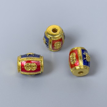 Korálková součást Cloisonné barilkový korálek červená a modrá smalt, průměr 9×11 mm, otvor cca 1,8 mm, zlatý odstín kovu, 1 ks