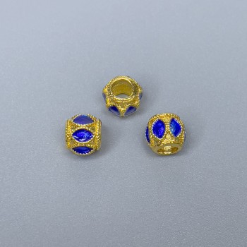 Korálek Cloisonné s modrým smaltem, průměr 6×7 mm ± otvor 3,5 mm, zlatá barva kovu, 1 ks