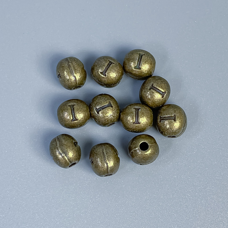 Korálka vložka s písmenem I, bronzová barva, průměr 6×7 mm, otvor přibližně 1,8 mm, balení 28 ks