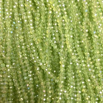 Korálky z Českého křišťálu salátové barvy s benzínovým leskem, granátované rondely, průměr 3×3 mm, délka 32 cm