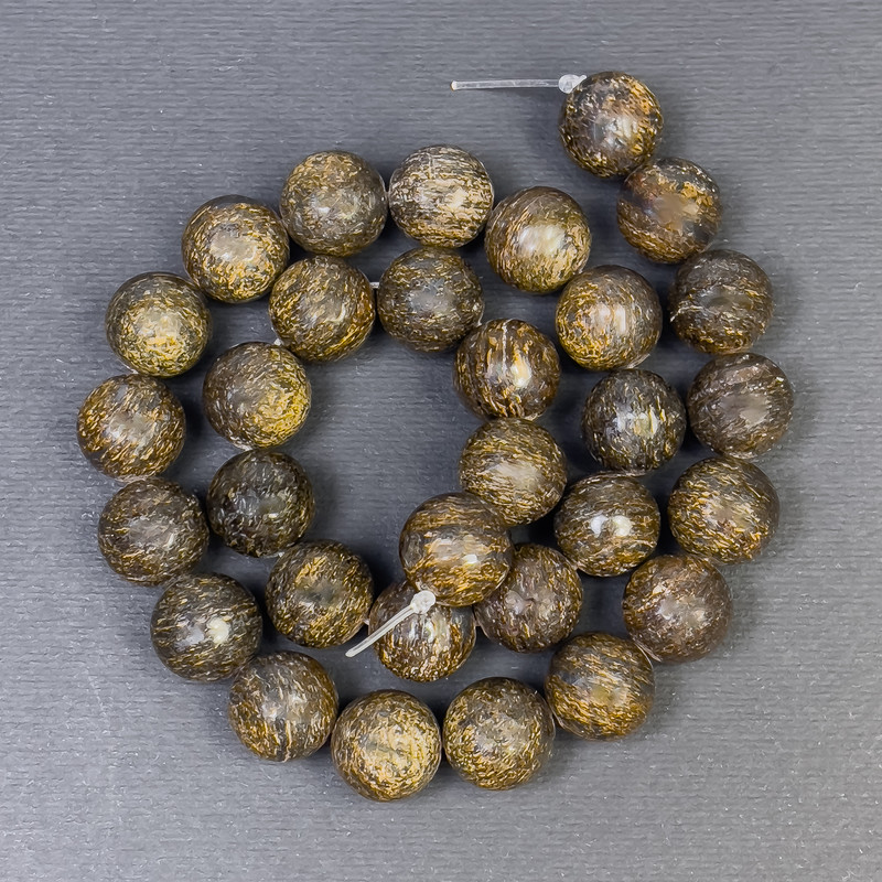 Korálky z bronzitu, přírodní kámen, hladké korálky, průměr 12,5 mm, otvor 1,5 mm, délka cca 38 cm