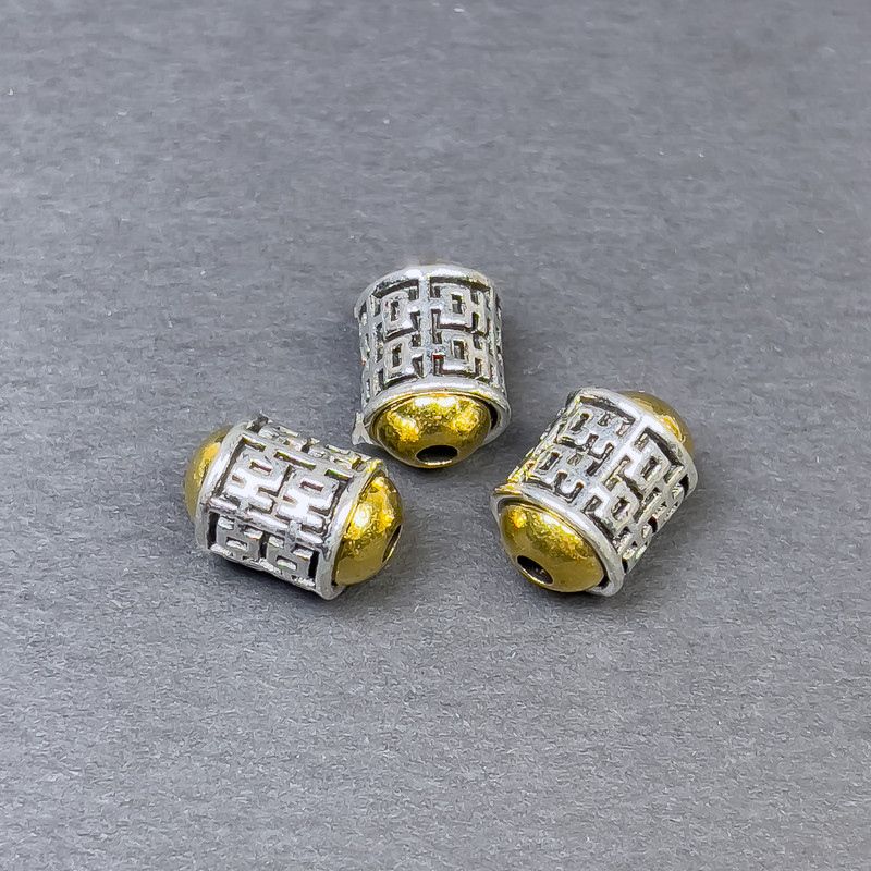 Bižuterní komponenty – korálka-vložka ve stříbrno-zlaté barvě, průměr 11,5×8 mm ± otvor 2 mm ± balení 3 ks