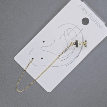 Náušnice kaf na ouško zlatistého kovu 6×13 mm, délka cca 10,5 cm, bílé štrasové kamínky