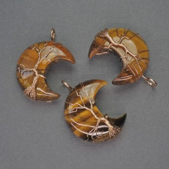 Přívěšek Měsíc z tygřího oka v zlatistém opletení, průměr cca 35 mm, délka cca 45 mm