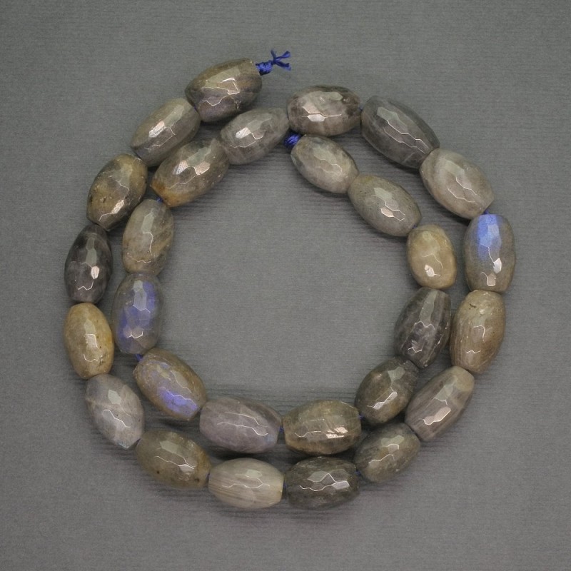 Korálky z labradoritu, broušené barilové, průměr 10×15 mm, délka cca 40 cm