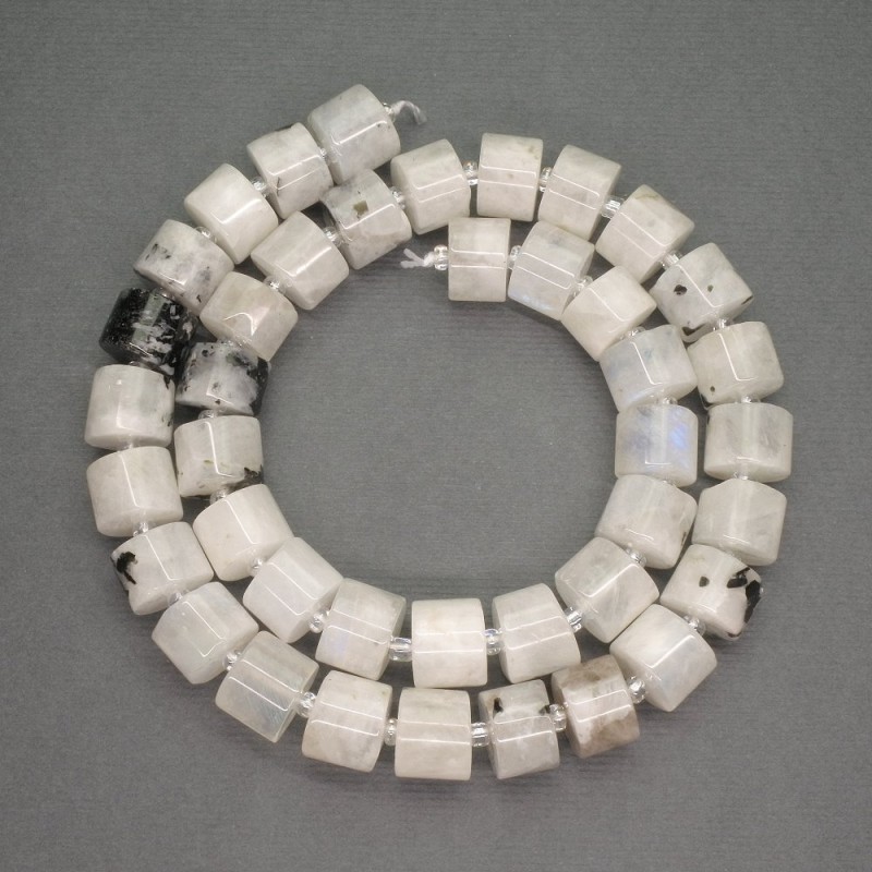 Korálky adularitu válcovité 10×8 mm, ± rokajl, průměr 3 mm, délka 40 cm+