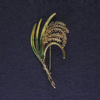 Brož Větvička zelená a žlutá smaltovaná na zlatém kovu, průměr 52×27 mm +