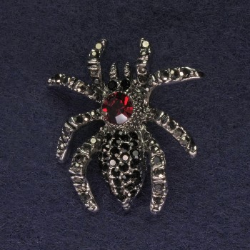 Brož Pavouk se šedými a černými krystaly, barva tmavého stříbra, stříbrný kov, 35 mm+