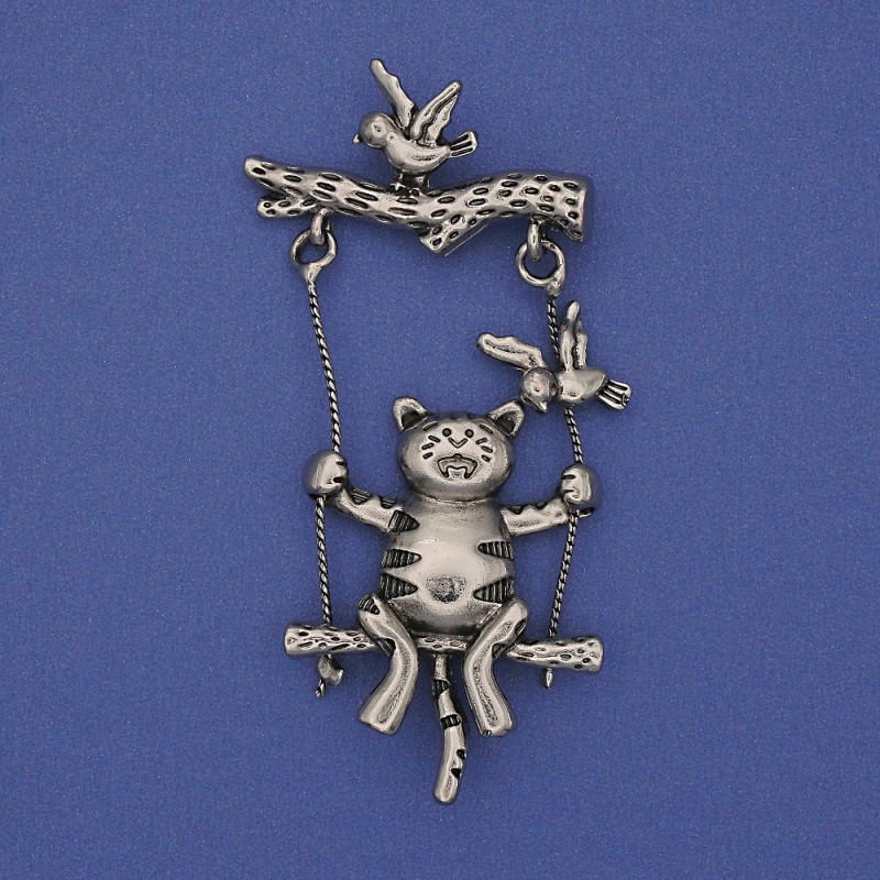 Brož kočka, stříbrný kov, 62×33 mm
